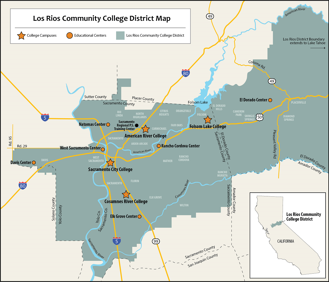 Map of the Los Rios Community College District service area across the greater Sacramento region, marking the four college campuses and six educational centers