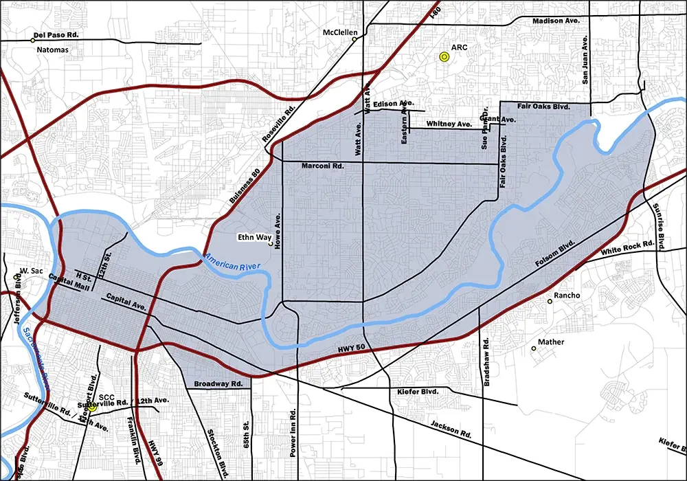 Map of Los Rios Trustee Area 6, highlighting central Sacramento from Downtown and the Capitol east along the American River corridor toward Carmichael and Rancho Cordova